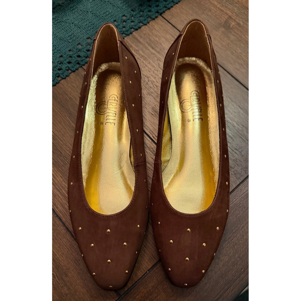 Cervelle Brown Leather Studded Ballet Flats Gold Insole Almond Toe 332-3755 8M